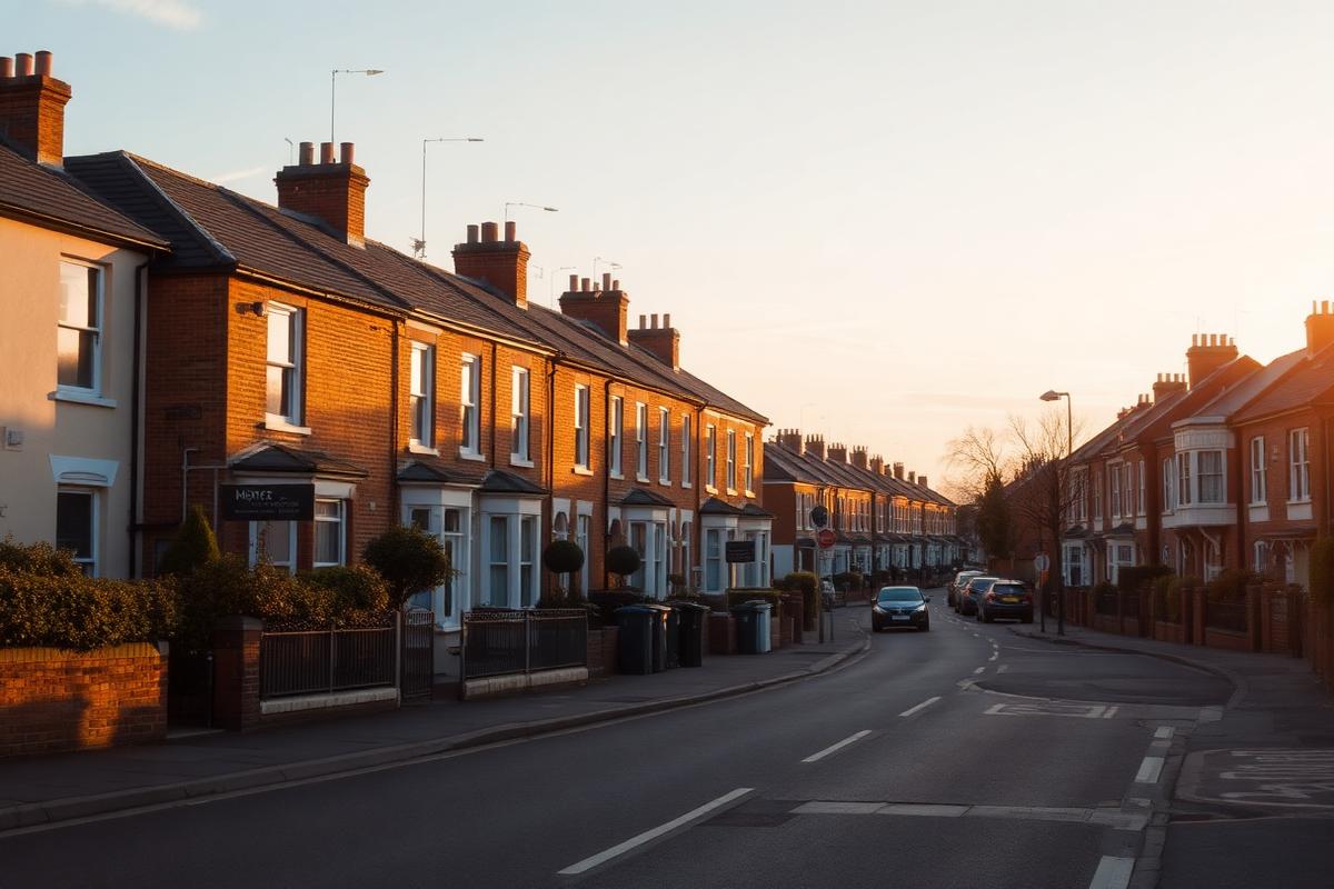 A quiet British residential street at golden hour